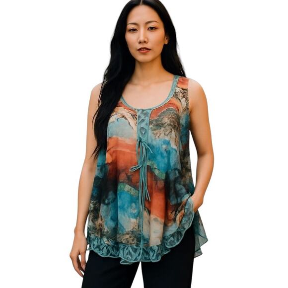 Adore Artsy Sleeveless Blouse Top Womens M Multicolor Mixed Media Flowy Fairy - Picture 1 of 16